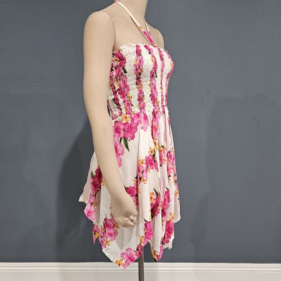 Nwt HULA HULA Hawaiian White Floral Smock Handkerchief Hem Mini Dress OSFM - Picture 4 of 10